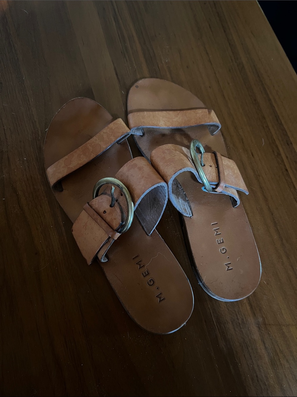 M. Gemi Tan Leather Double-Buckle Slide Sandals
